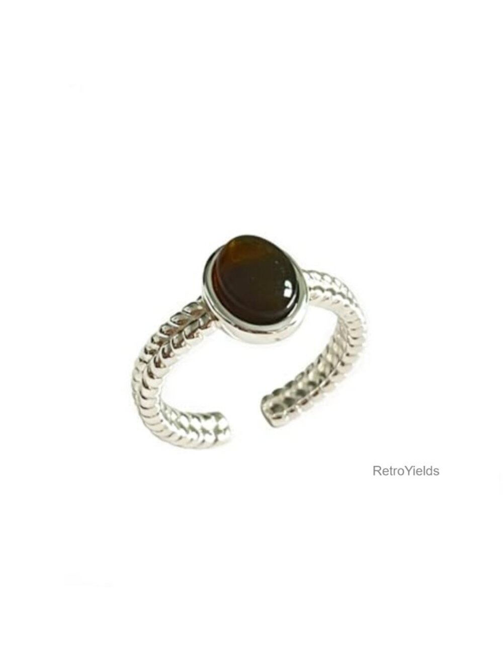 Adjustable Open Tiger Eye Copper Ring Braided Vintage Cabochon